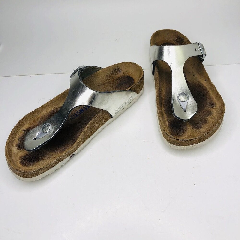 Birkenstock Womens Metallic Silver Thong Sandals 7.5 Festival Summer leather